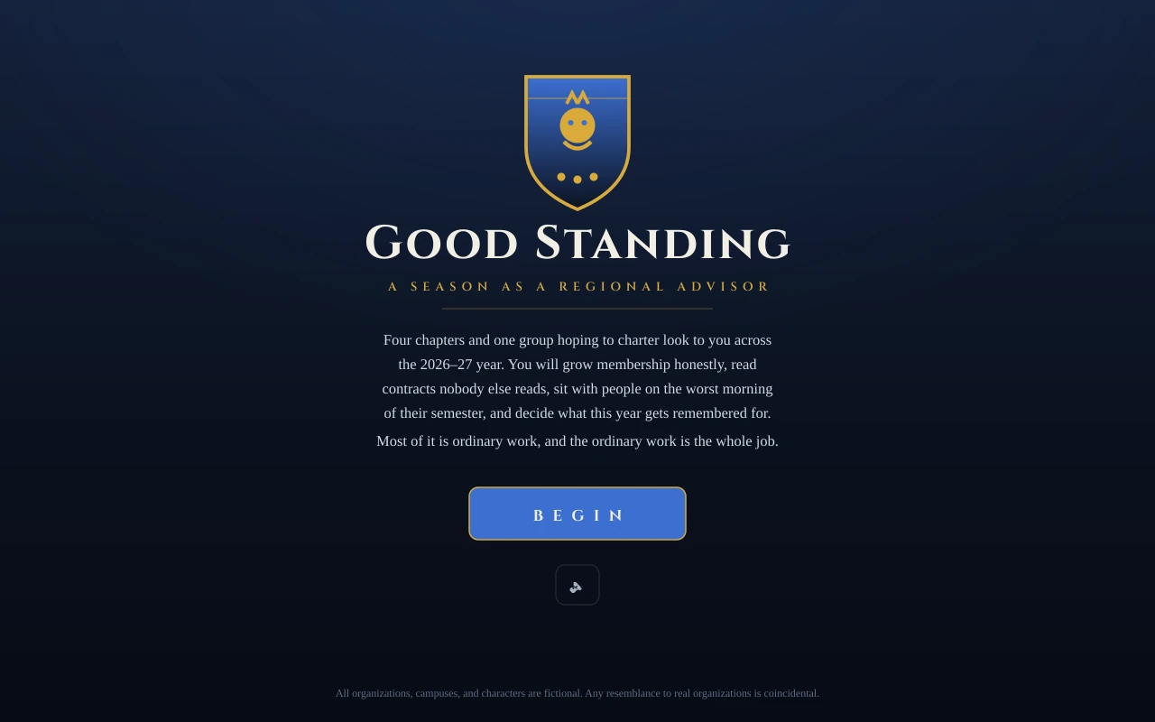 Good Standing title screen in navy and gold
