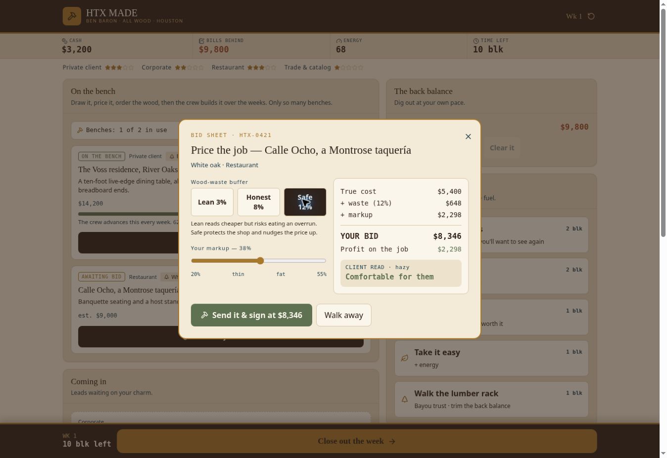The game's restaurant bid sheet: a 12 percent wood-waste buffer and 38 percent markup produce an $8,346 bid.