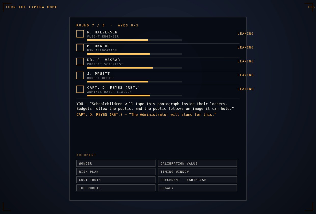 Turn the Camera Home argument screen with five mission stakeholders and eight possible arguments