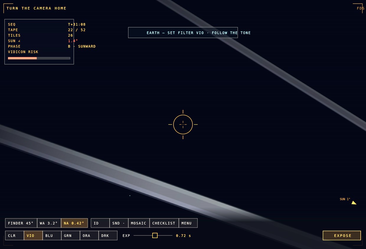 Turn the Camera Home camera view with a reticle searching for Earth between rays of sunlight
