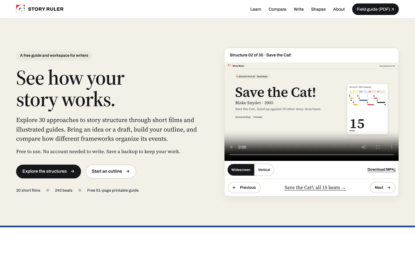 StoryRuler: the live site, with a story structure playing