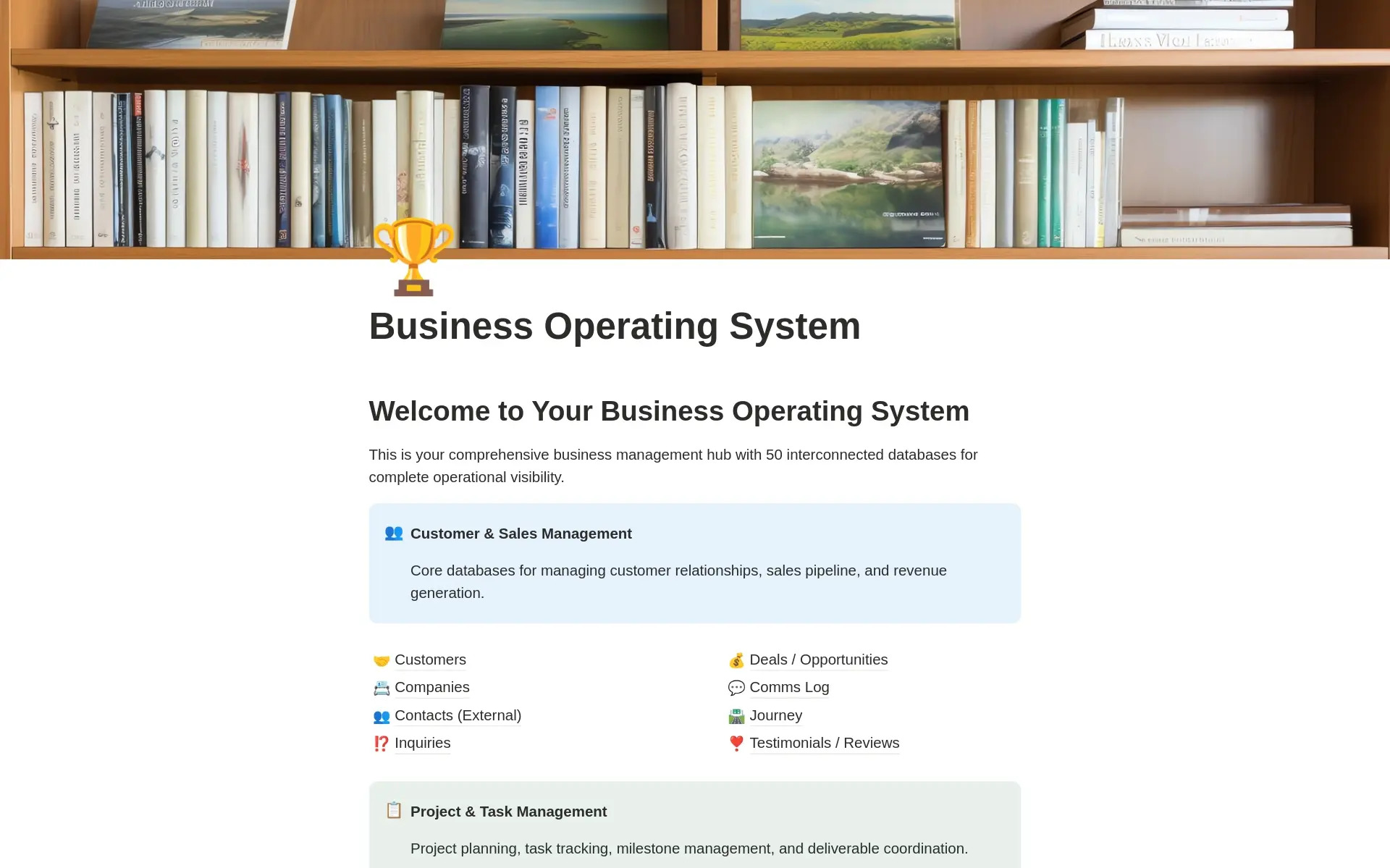 Screenshot of the Business Operating System Notion workspace home dashboard, showing strategy, pipeline, projects, finance, and team dashboards in one connected view