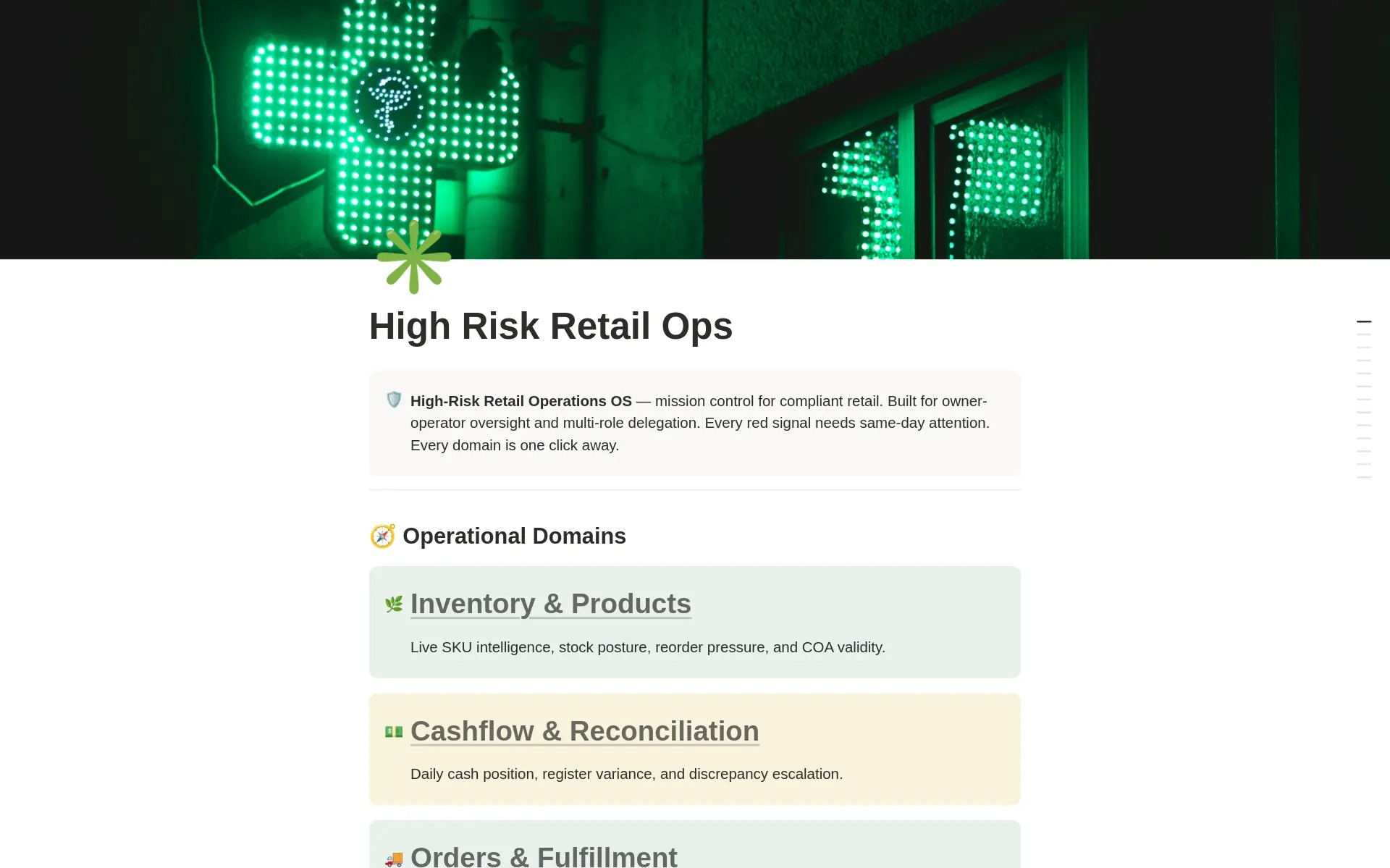 Screenshot of the High Risk Retail Ops Notion workspace home dashboard, showing inventory, compliance, incidents, staff, and vendors in one connected view