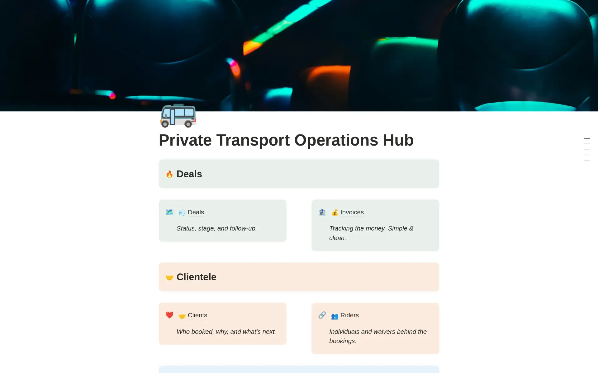 Screenshot of the Private Transport Ops Hub Notion workspace home dashboard, showing trips, drivers, vehicles, and compliance in one connected view