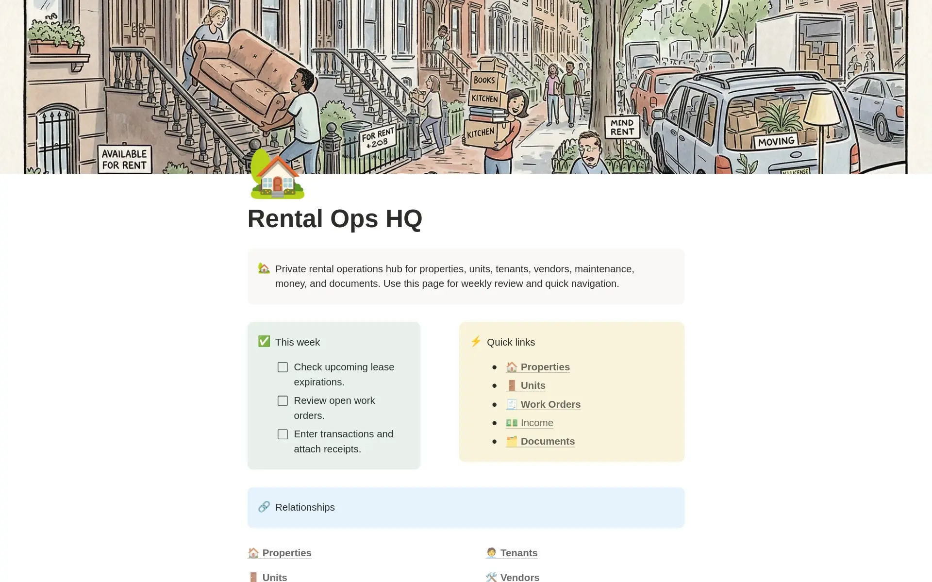 Screenshot of the Rental Ops HQ Notion workspace home dashboard, showing properties, units, tenants, leases, and maintenance in one connected view
