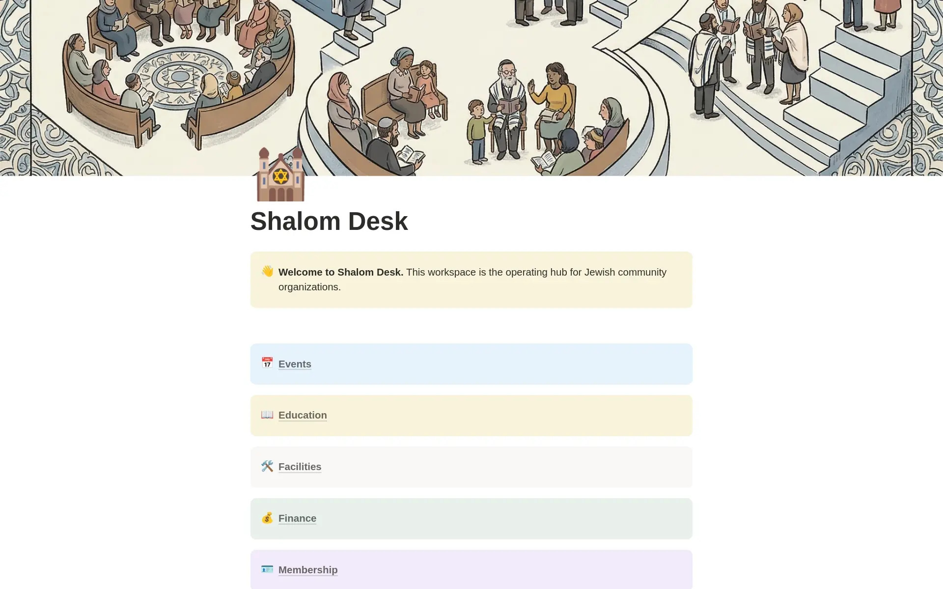 Screenshot of the Shalom Desk Notion workspace home dashboard, showing families, gifts, events, classes, and program activity in one connected view