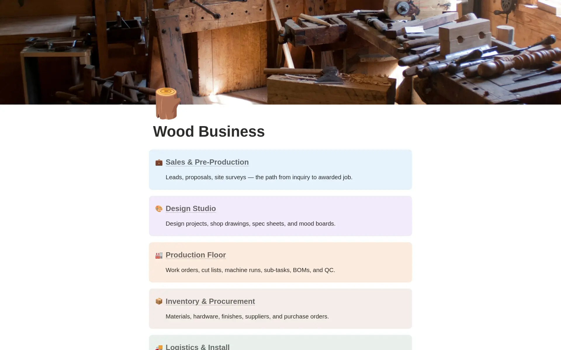 Screenshot of the Wood Business OS Notion workspace home dashboard, showing the shop's sales, production, inventory, and operations dashboards in one connected view